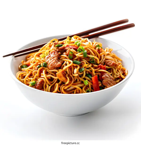 Noodles with chopsticks in white bowl