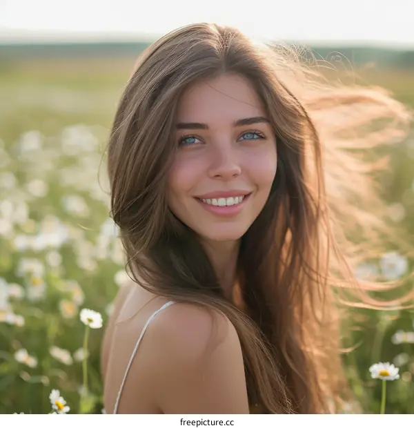 portrait of a beautiful smiling young woman with long brown hair wearing a white dress standing in a field of daisies