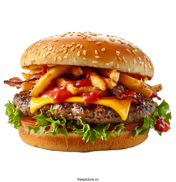 [Transparent Background PNG]Delicious burger with bacon, cheese and fries