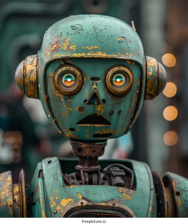 Rusty Robot Head with Glowing Eyes Close-Up