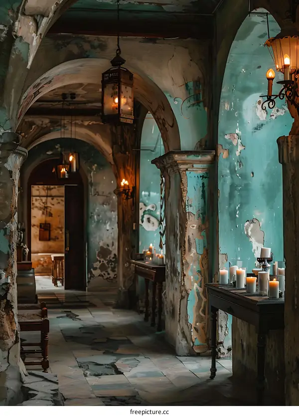 Old Church Hallway with Candles and Lanterns