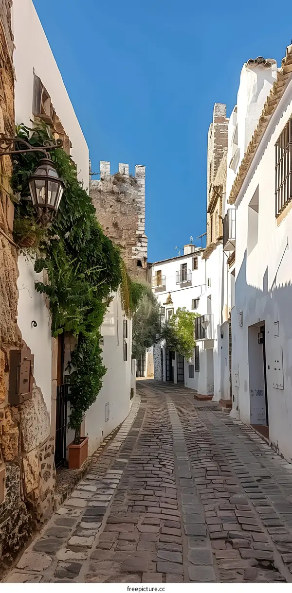 Cobblestone Street in a Spanish Town with a Stone Castle