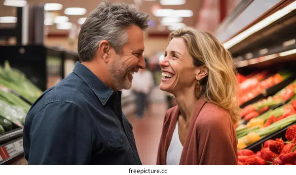 Happy couple grocery shopping together