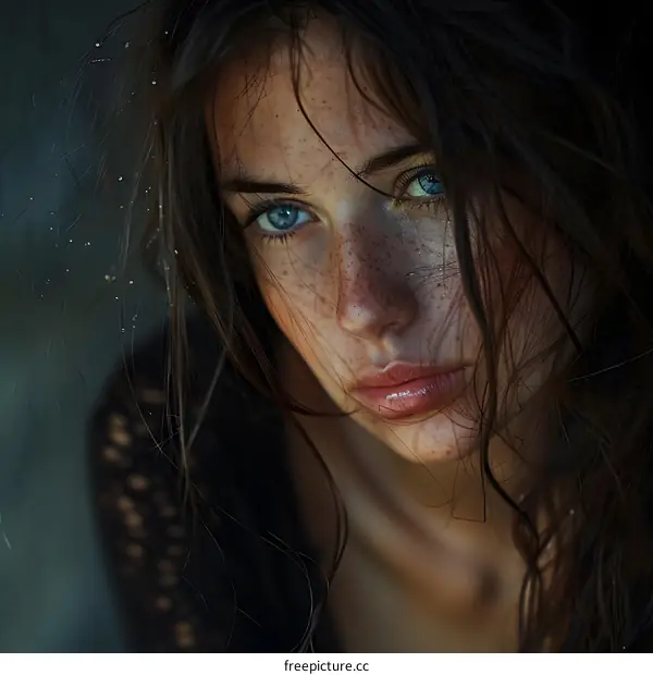 Portrait of a young woman with freckles and blue eyes