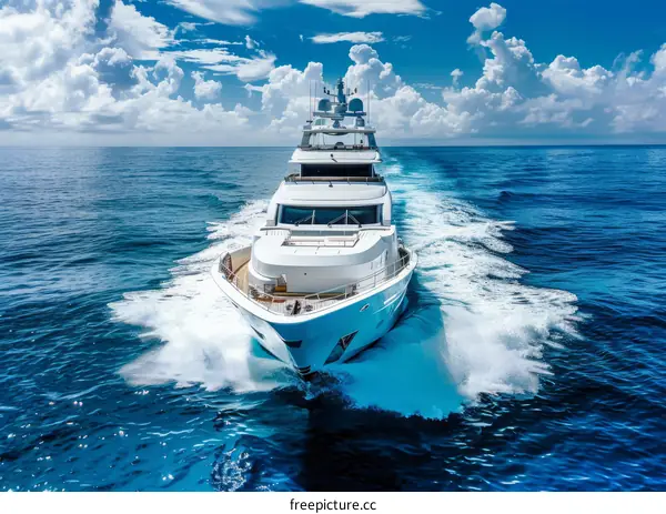 A white yacht is moving in the vast ocean with blue sky and white clouds