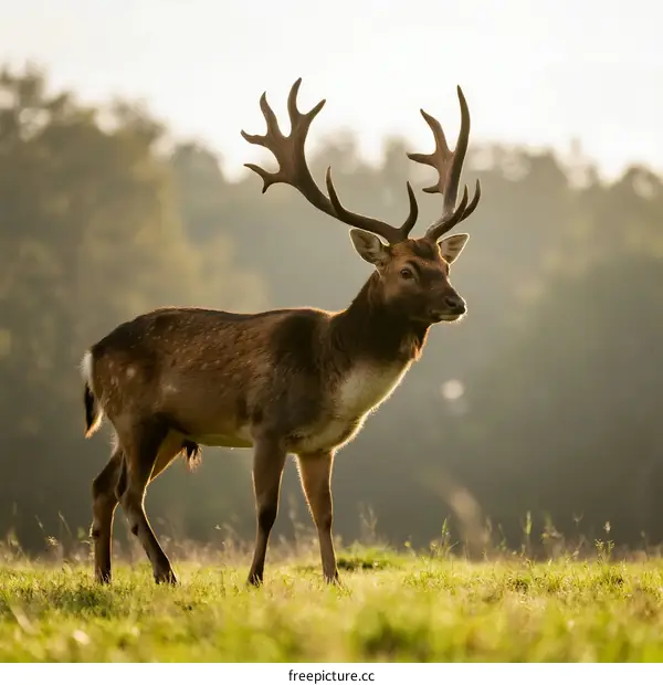 A majestic deer with large antlers standing on a green grassy field