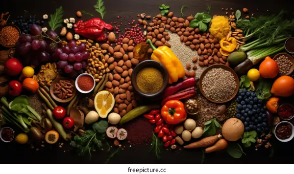 A variety of fresh and healthy food ingredients are arranged on a wooden table.