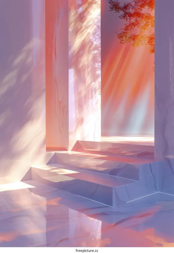 pink and white surreal space with stairs and columns