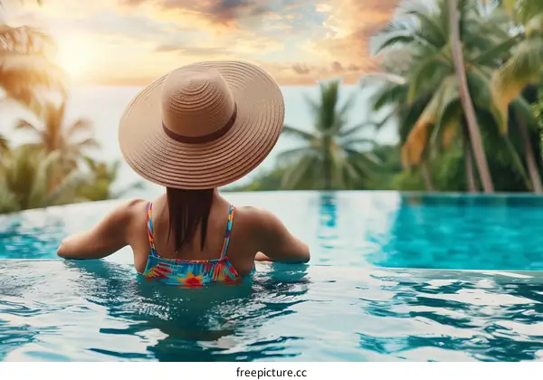 woman in a straw hat relaxing in a swimming pool enjoying the sunset