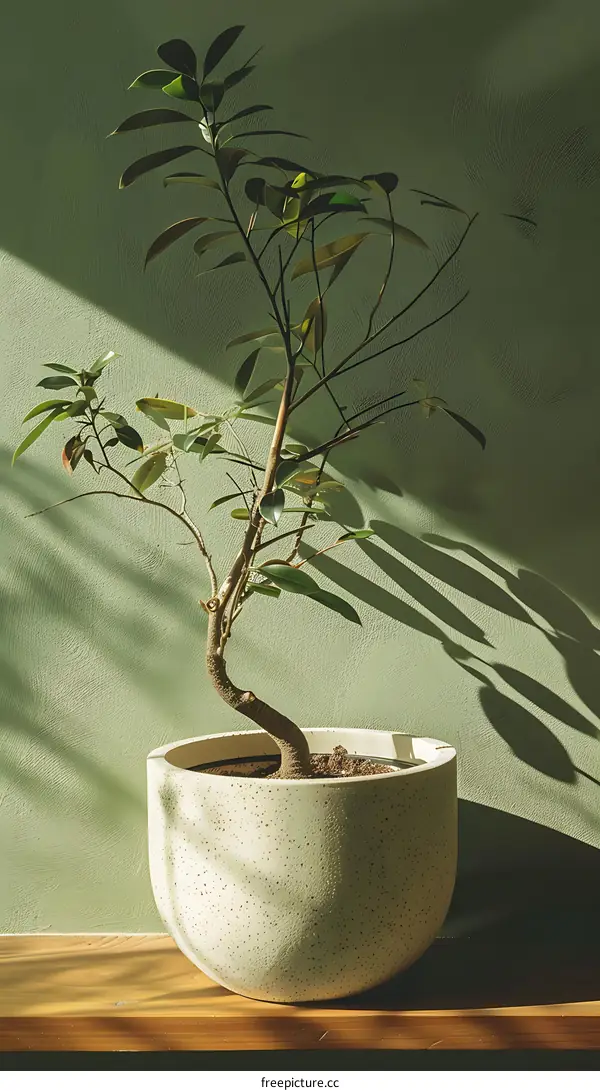 Green Plant in a White Pot on a Wooden Shelf