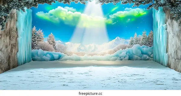 Winter Landscape with Snowy Mountains and Aurora Borealis