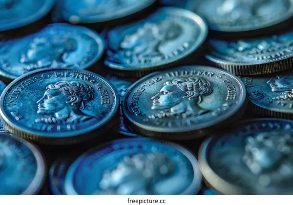 Close up of a pile of silver coins