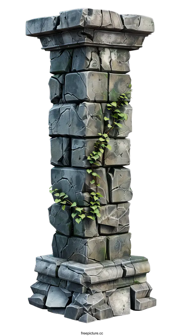 [Transparent Background PNG]Stone pillar with green plants growing on it