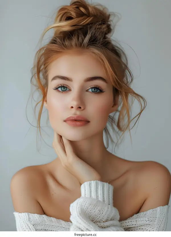 Beautiful Young Woman with Blonde Hair and Blue Eyes Wearing White Sweater