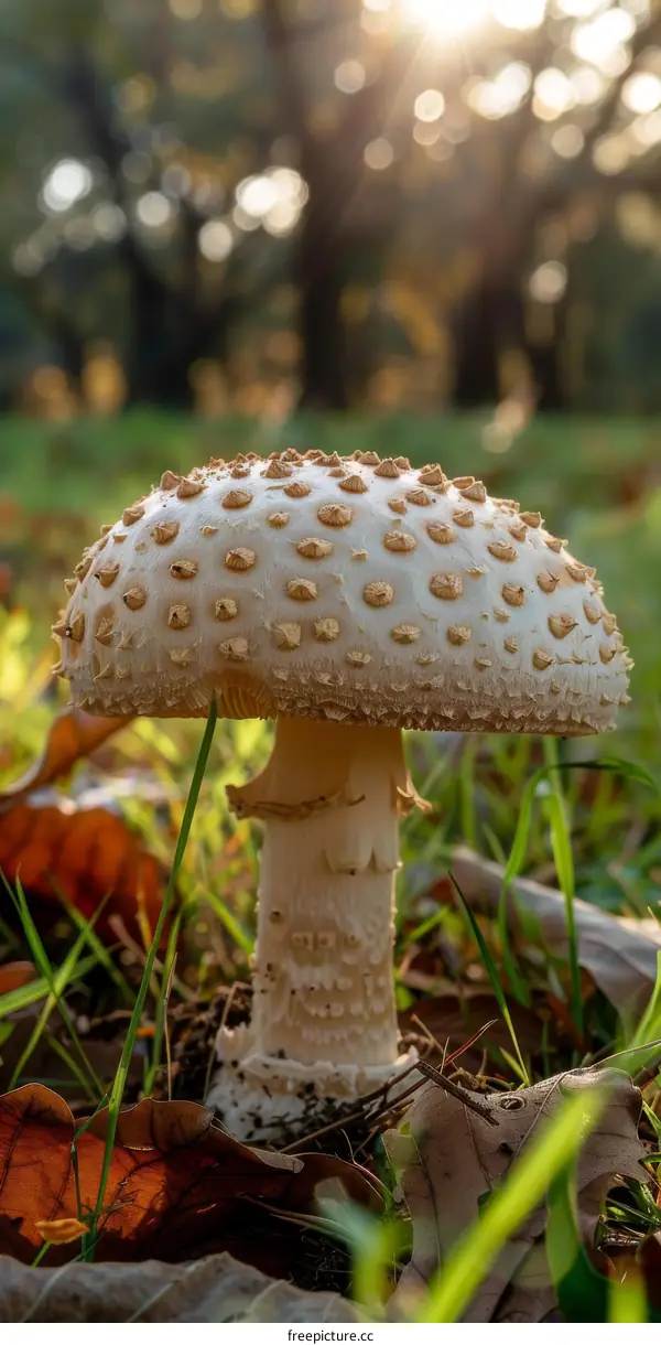 Close-up photo of a large white mushroom growing in a forest with a brown cap and white spots