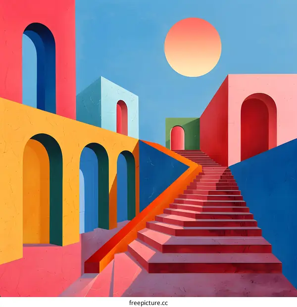 Colorful abstract architecture with stairs and sun