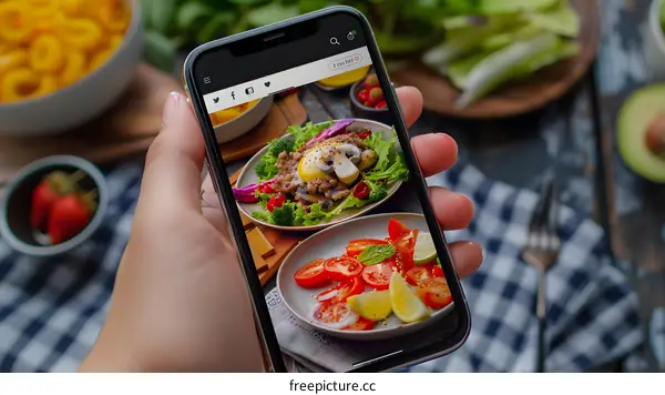 Hand Holding Phone with Food Photo on Screen