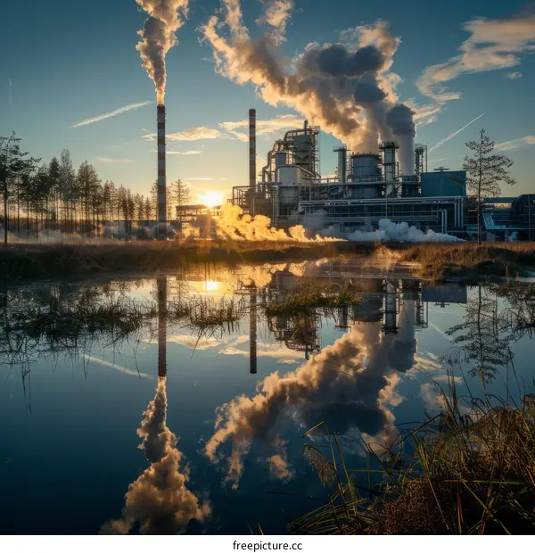 A factory is emitting smoke into the air and water