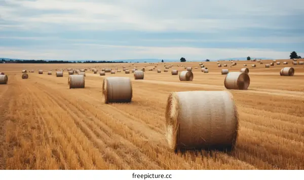 Field of hay bales under cloudy sky