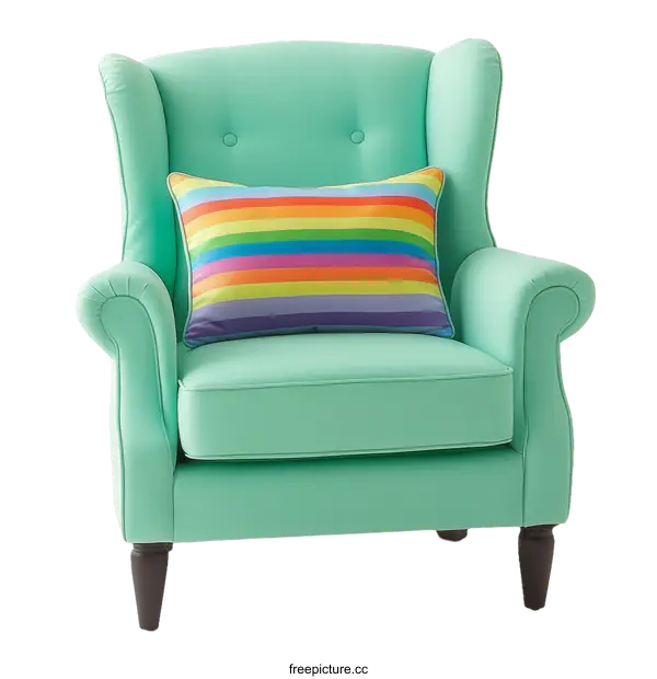 [Transparent Background PNG]Mint Green Wingback Chair with Rainbow Pillow