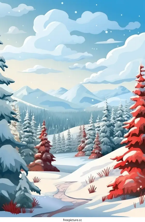 A Snowy Forest Landscape with Snow-covered Trees and Mountains in the Distance