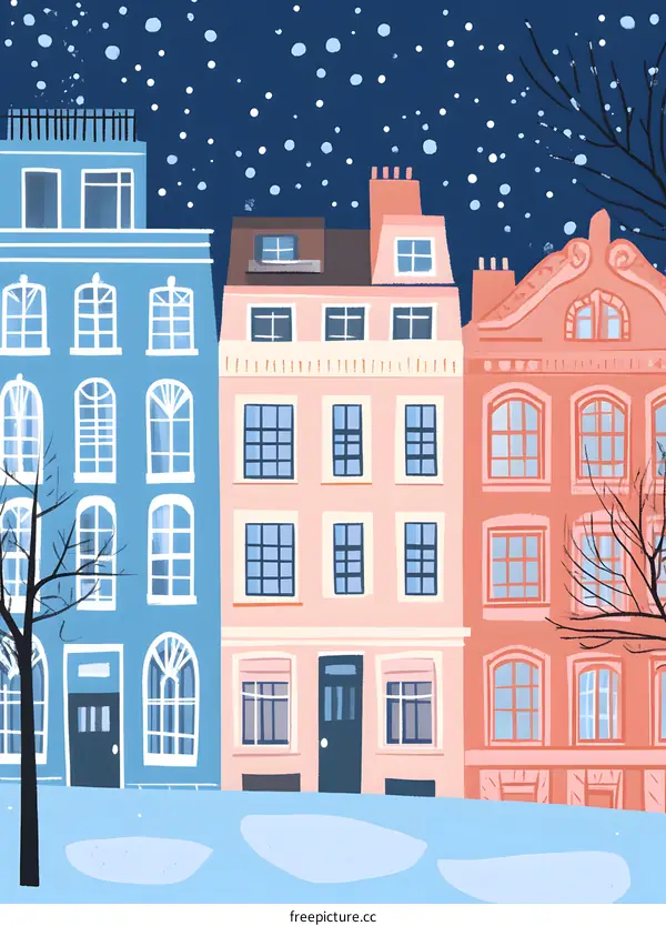 Snowy Night Cityscape with Three Buildings