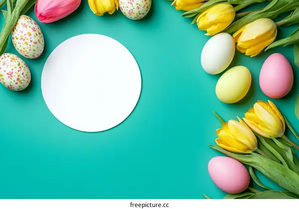 Spring Easter Eggs and Tulips Background