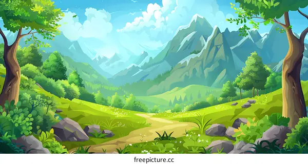 Mountainous Landscape With Path Through Forest