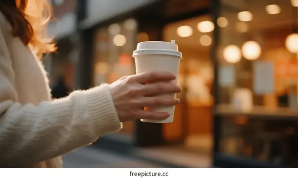 A person holding a disposable coffee cup on a street