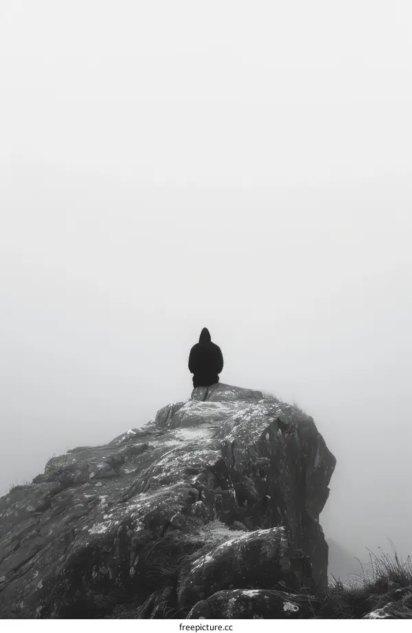 Man sitting on a rock in the fog