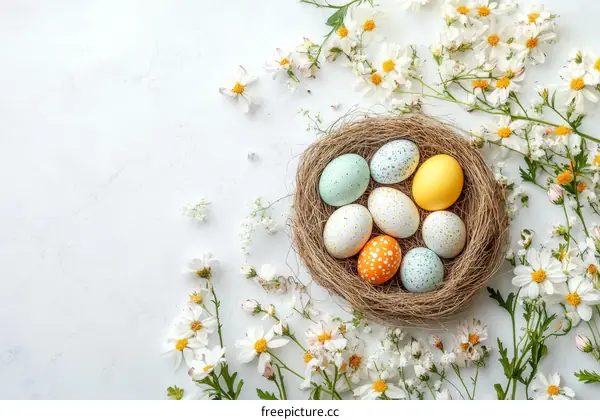 Easter Eggs in a Nest with Flowers
