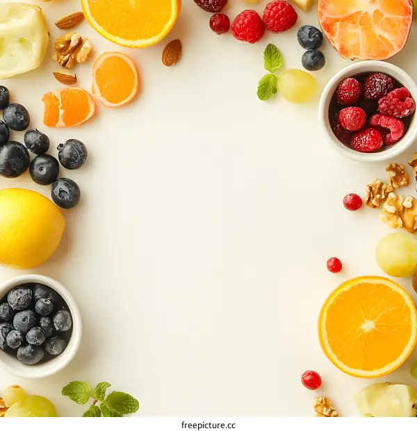 Fresh Fruit and Nut Arrangement on White Background
