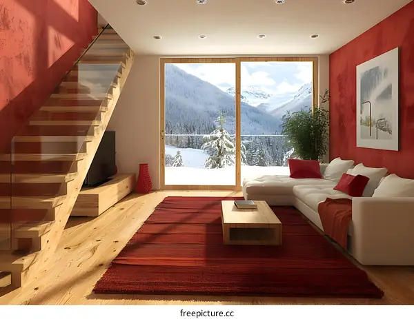 Modern house interior living room with large windows and red walls