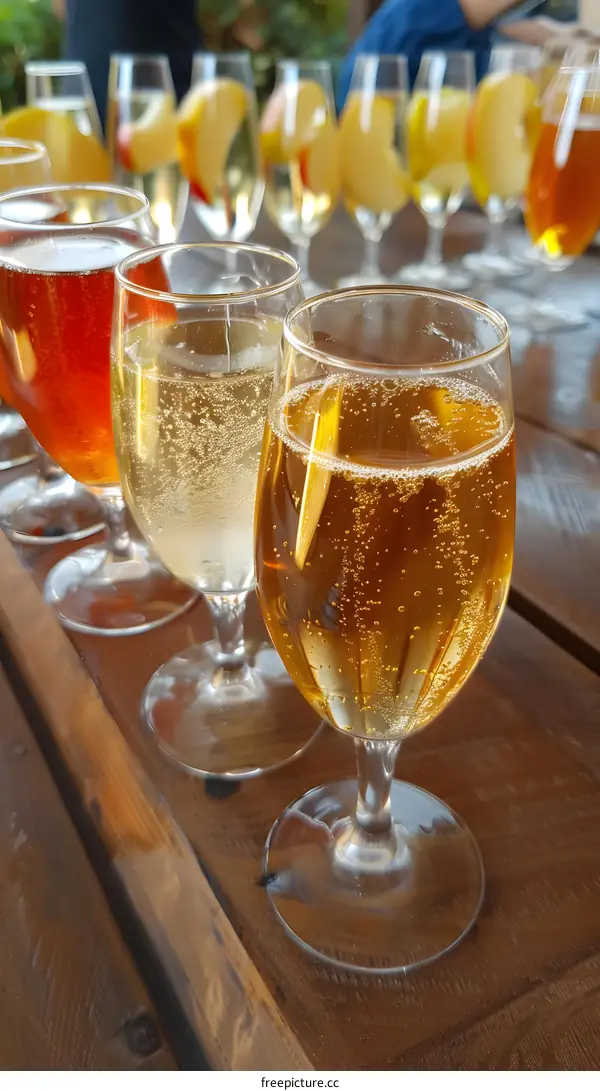 Close Up Of Sparkling Wine Glasses On Wooden Table