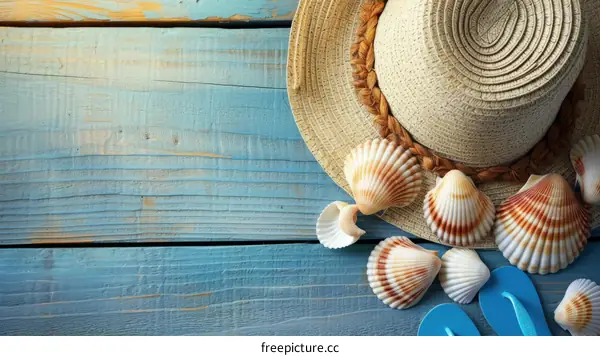 Beach Accessories on Blue Wooden Background