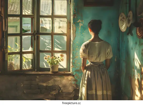 woman in traditional chinese dress standing by the window