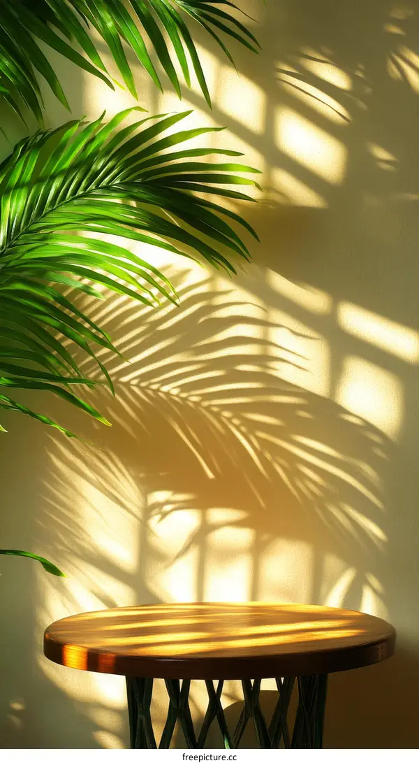 Warm Sunlight Casting Shadows on a Wooden Table