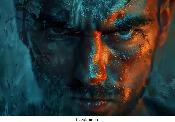 Close Up Portrait of Man with Blue and Orange Paint on Face