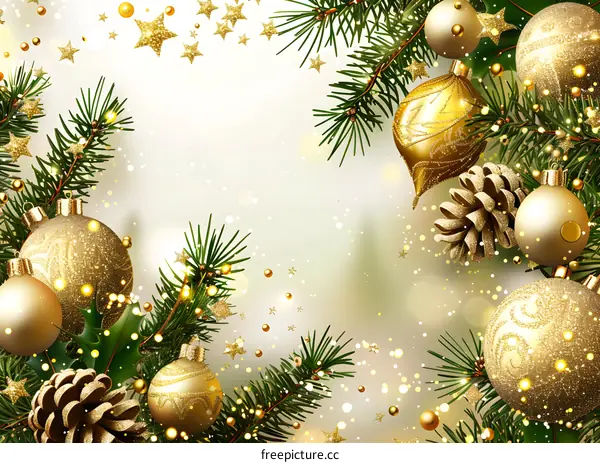 Christmas background with golden balls and fir branches