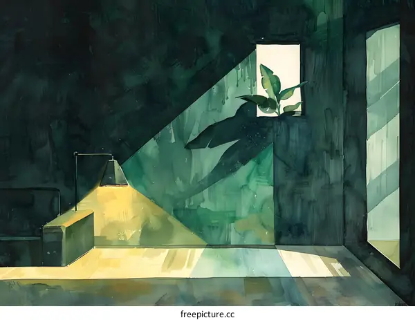 Green Watercolor Illustration of an Empty Interior Room with a Window and a Lamp