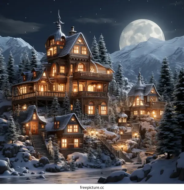 fantasy snow mountain village night full moon