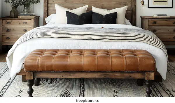 Rustic Wooden Bedroom Set with Leather Bench