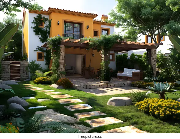Courtyard of a Spanish style house with a garden and a pergola covered terrace