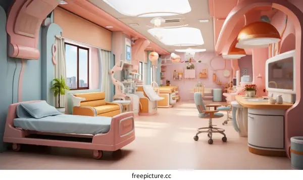 A modern and colorful hospital room