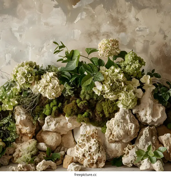 Green Hydrangeas and Mossy Rocks Against a Weathered Wall