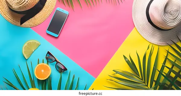 Summer Vacation Flat Lay With Hats, Phone, Palm Leaves and Fruit