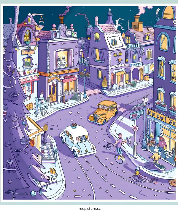 Cartoon Illustration of a Town at Night
