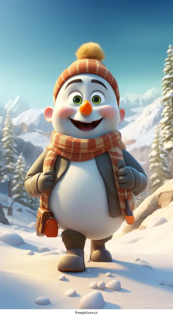 A happy snowman wearing a hat and scarf is walking in the snow