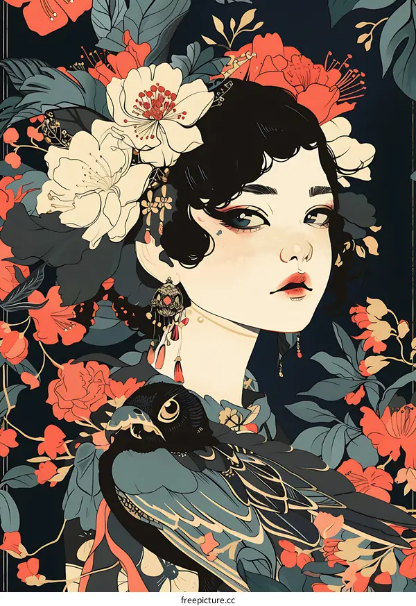 Asian Woman With Flowers and a Bird Illustration