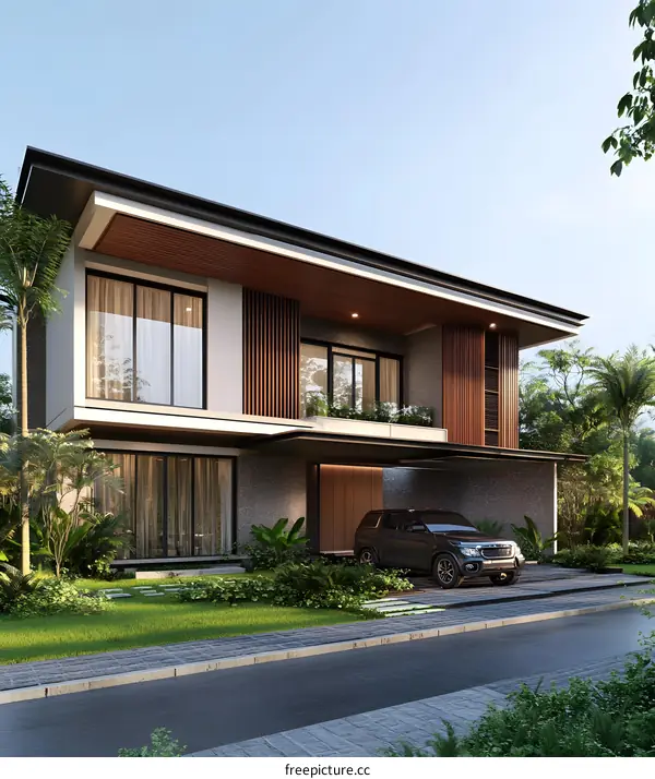 Modern House Design with Wooden Accents and Lush Greenery